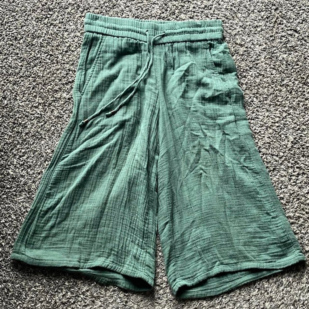 Eileen Fisher Green Double Gauze Cotton Capri Pants Petite Small Drawstring